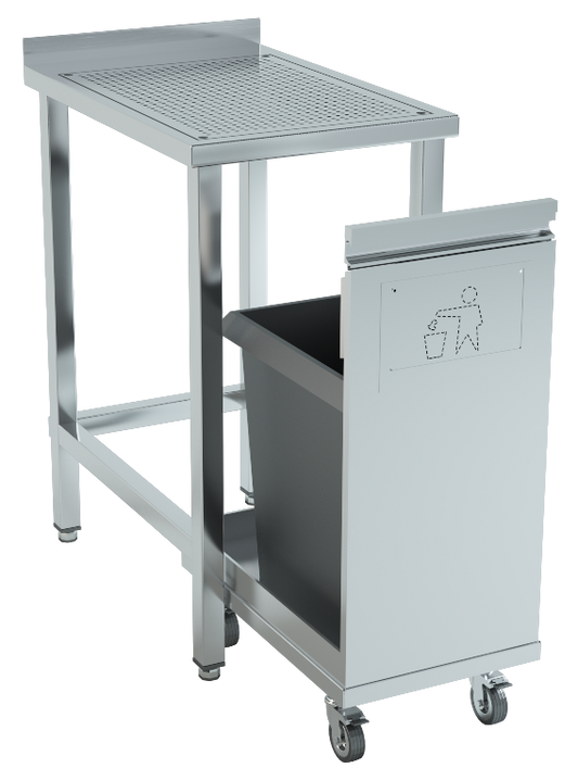 Trolley, bin and perforated working surface