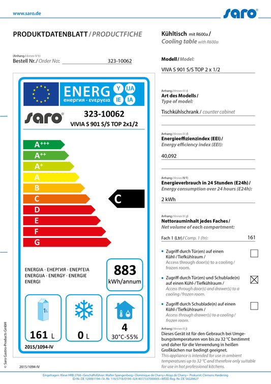 Refrigerated Table, 2 Doors, 160 L, +2/+8°C
