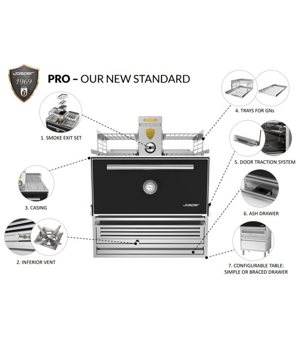 Josper HJX-PRO features: smoke exit set, inferior vent, casing, GN trays, door traction system, ash drawer and configurable table