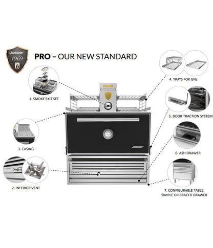 Josper HJX-PRO features: smoke exit set, inferior vent, casing, GN trays, door traction system, ash drawer and configurable table