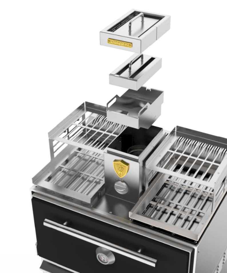 Josper HJX-PRO smoke exit set, GN trays and grill racks shown separated from the oven