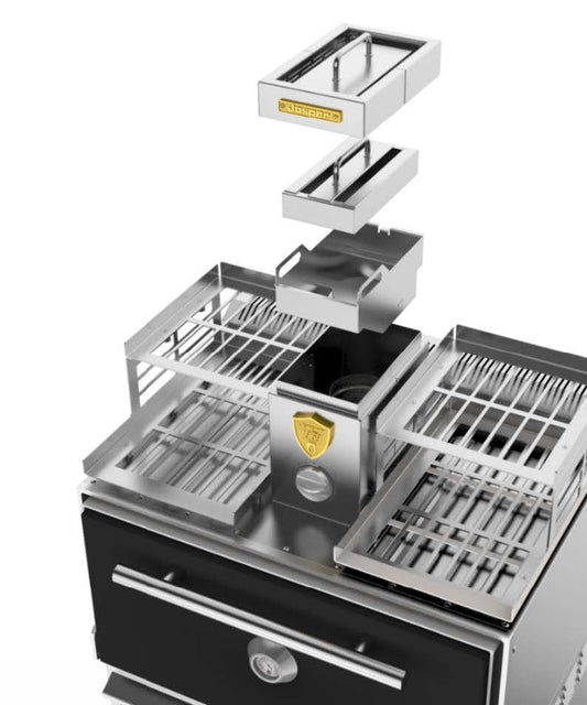 Josper HJX-PRO smoke exit set, GN trays and grill racks shown separated from the oven