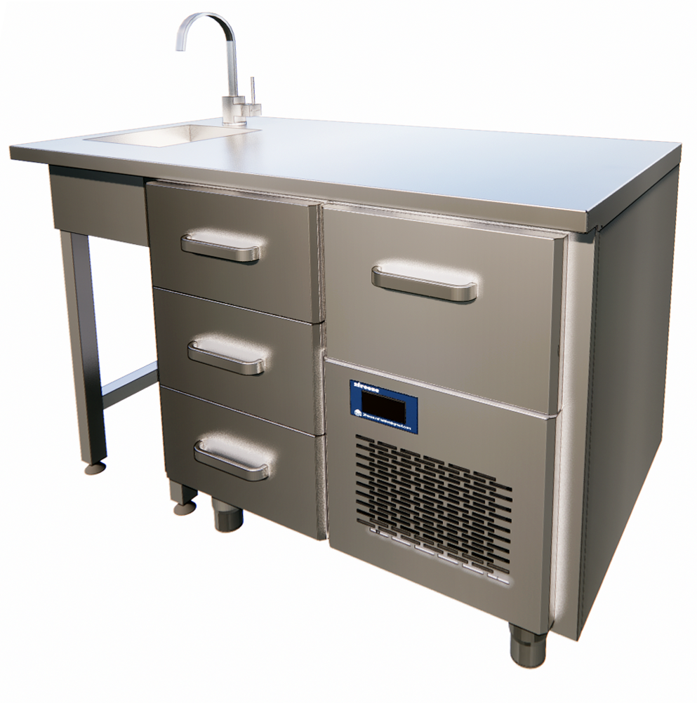Refrigerated Table, 3 Drawers, Sink Left, 2/6°C