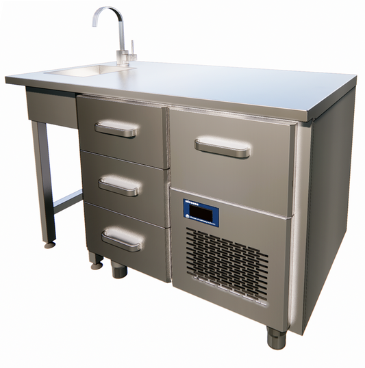 Refrigerated Table, 3 Drawers, Sink Left, 2/6°C