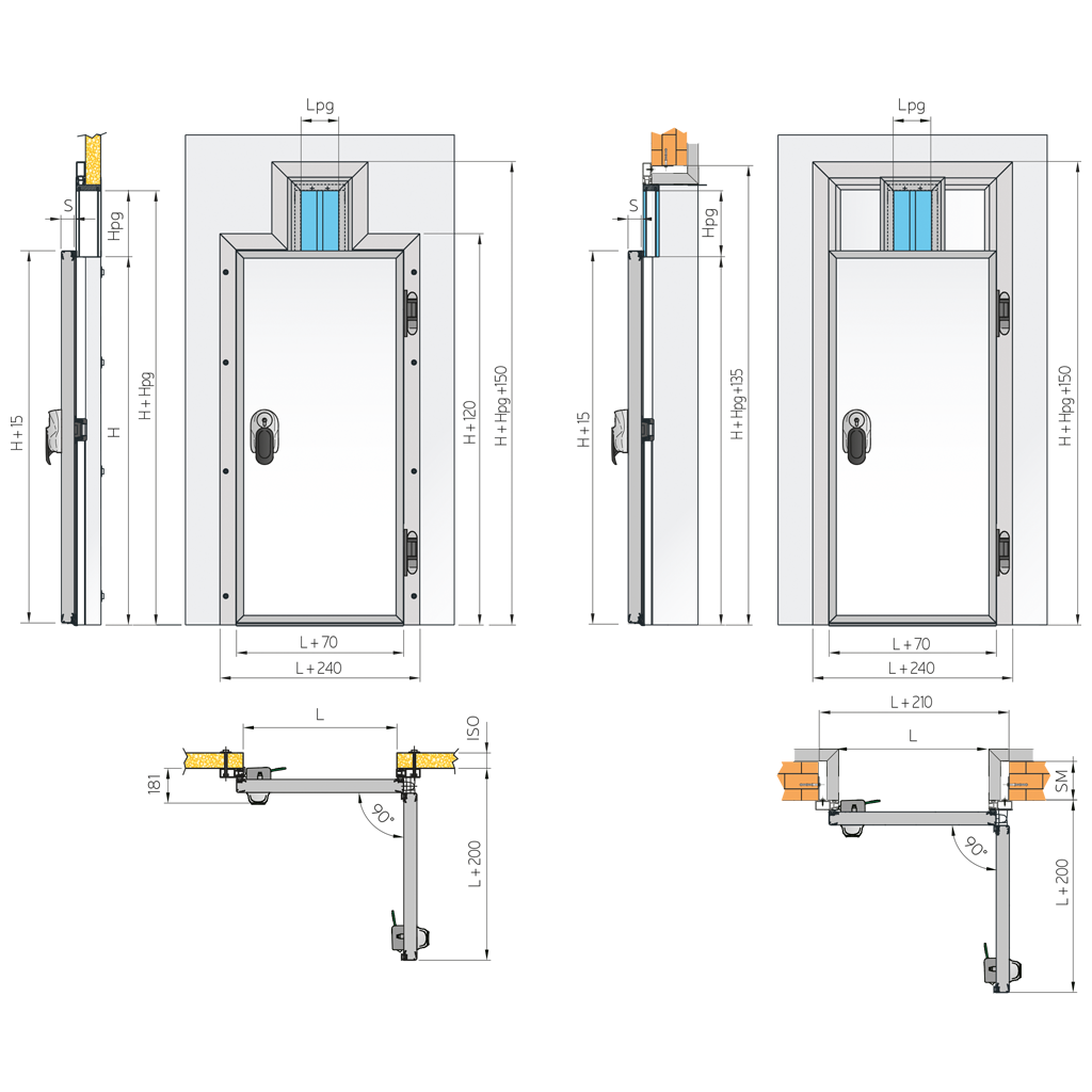 Cold Room Hinged Door, 120mm PUR, Stainless Steel