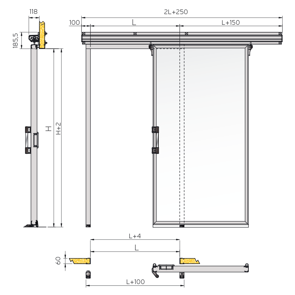 Isothermal Sliding Cold Room Door, Frameless, 70 mm