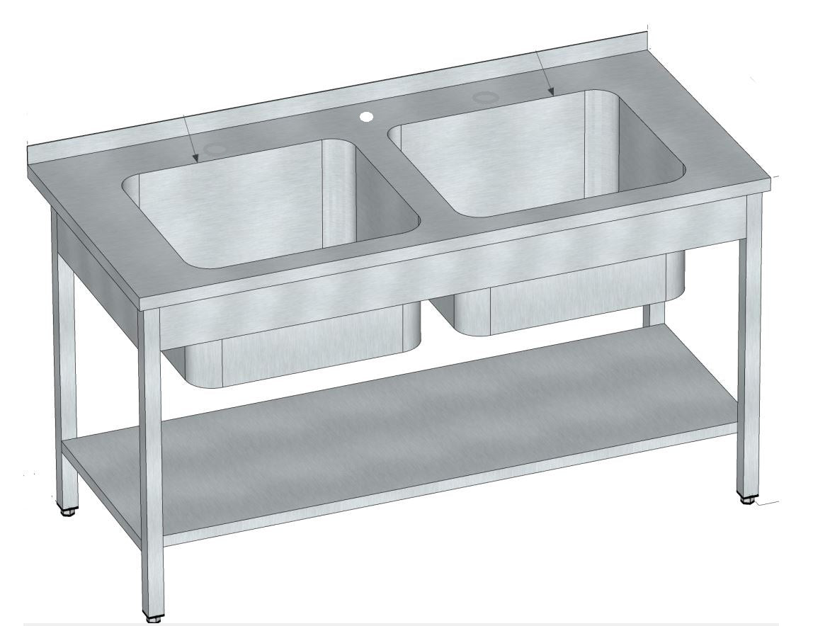 Double Sink Table With Undershelf, AISI 304