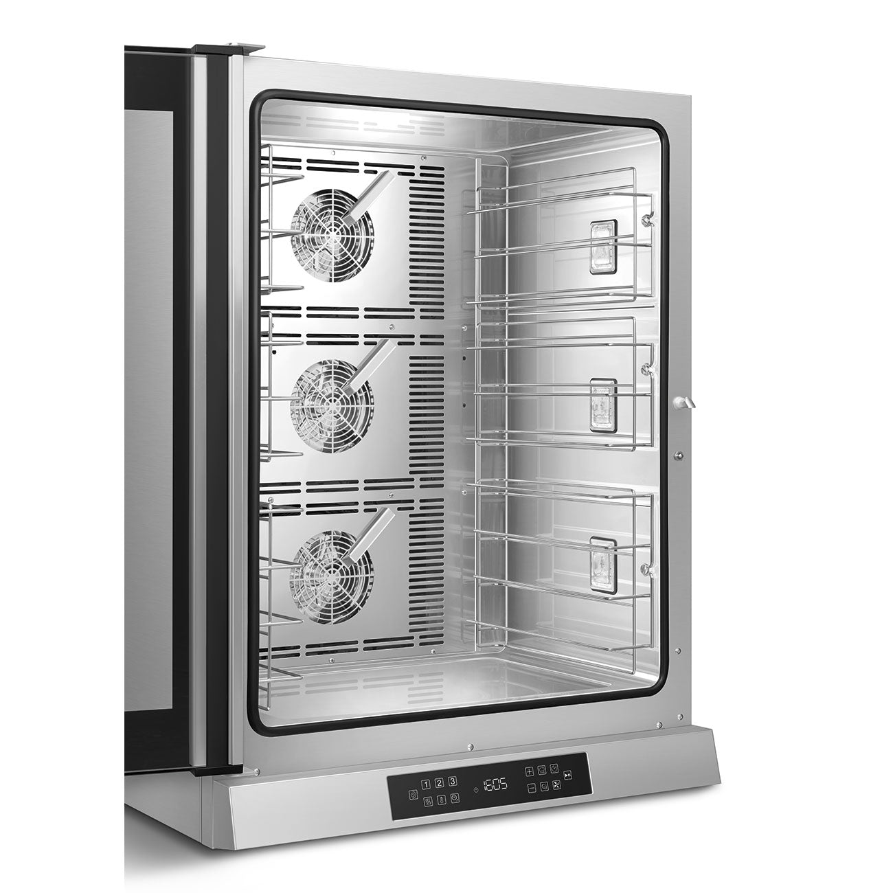 Smeg ALFA1035E1HDS convection oven, angled interior view showing fan panel and tray guides