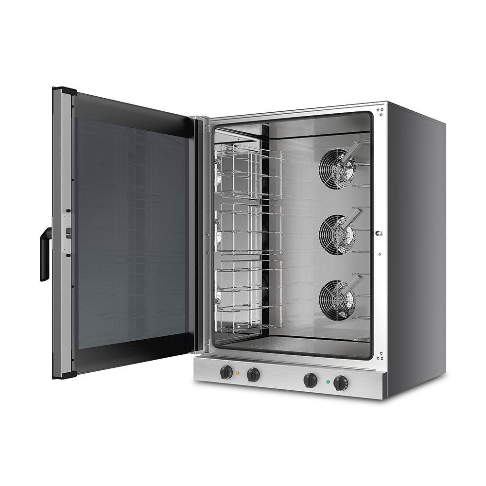 Smeg ALFA1035H-2 convection oven, angled view with door open showing three fan panels and tray guides