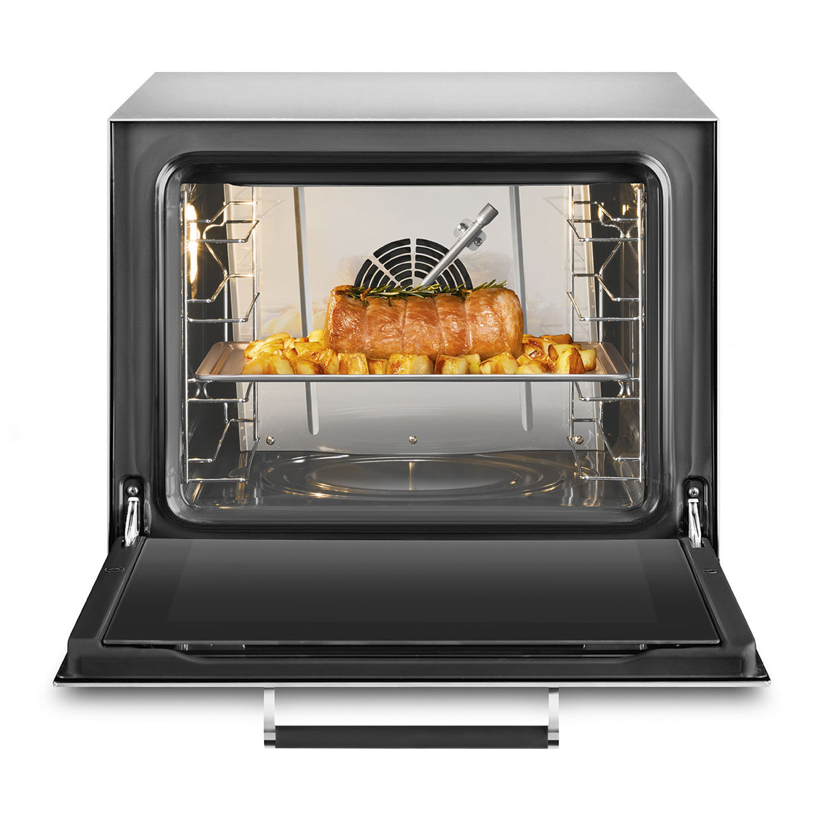 Smeg Alfa 4-tray convection oven roasting pork with potatoes, door open