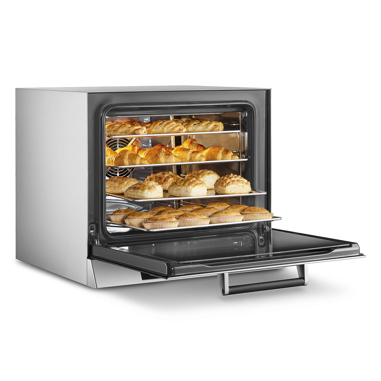 Smeg Alfa 4-tray convection oven baking croissants and pastries, door open