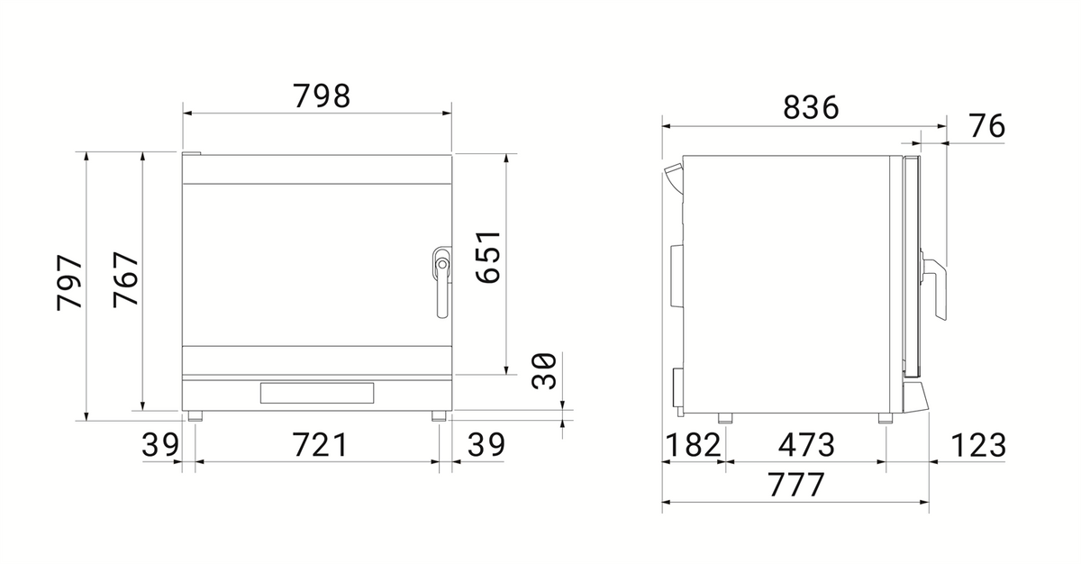 Smeg ALFA625E1HDS convection oven, three-quarter view with door open showing six empty tray guides