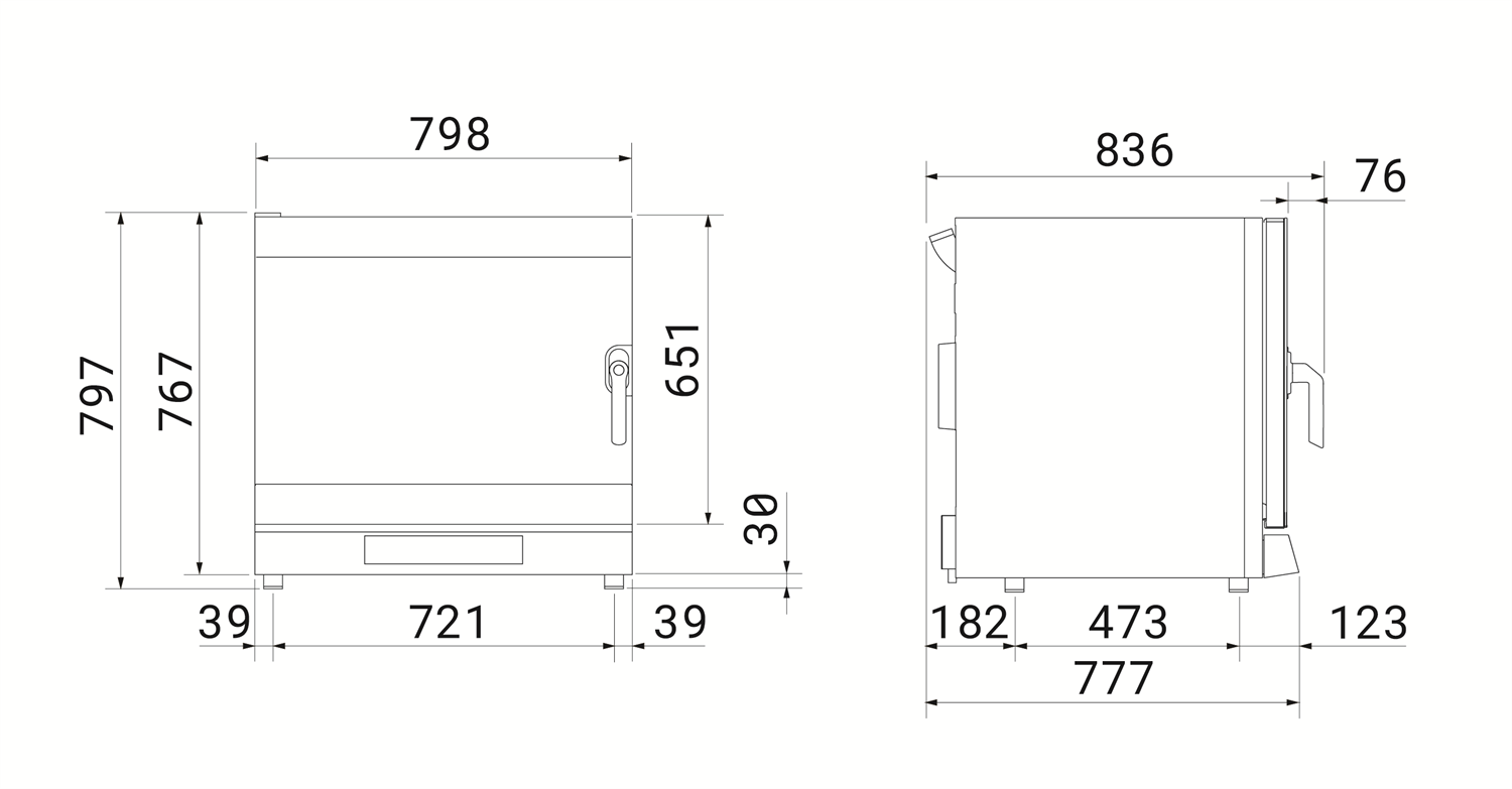 Smeg ALFA625E1HDS convection oven, three-quarter view with door open showing six empty tray guides