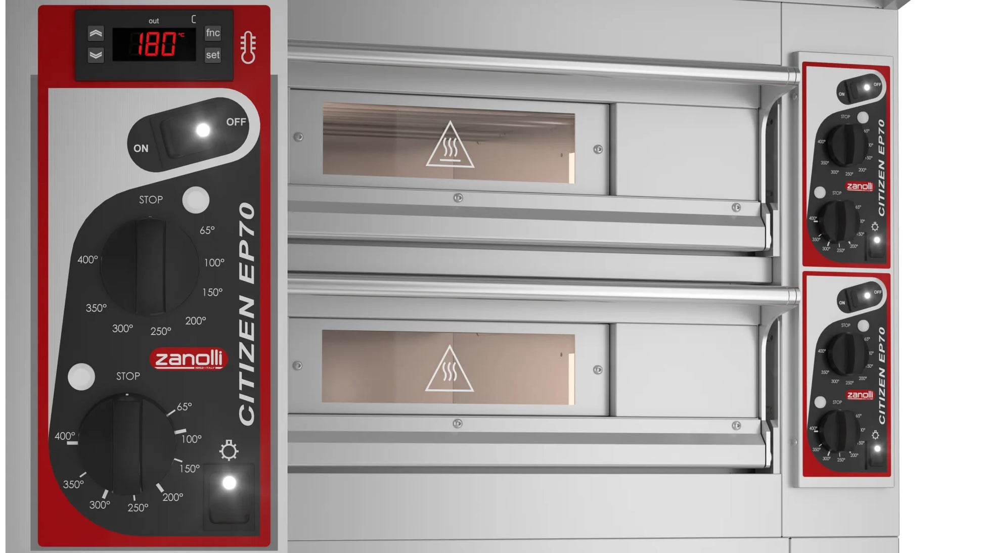 Zanolli Citizen EP70 4+4/MC double-deck electric pizza oven, front view with electromechanical dial controls
