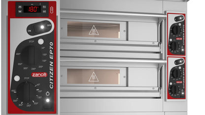 Zanolli Citizen EP70 4+4/MC double-deck electric pizza oven, front view with electromechanical dial controls