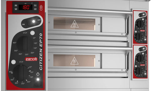 Zanolli Citizen EP70 4+4/MC double-deck electric pizza oven, front view with electromechanical dial controls