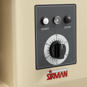 Sirman Hercules 20 TA spiral dough mixer, close-up of the start/stop controls and timer dial