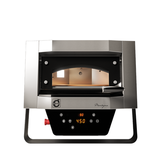 Cuppone Mantegna MN40/1DG pizza oven, front view with door open showing rotating stone deck