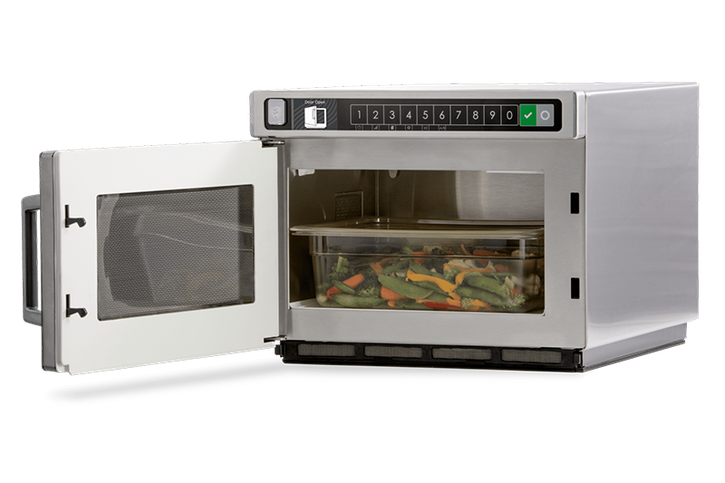 Menumaster DEC18E2 microwave oven with door open, food inside