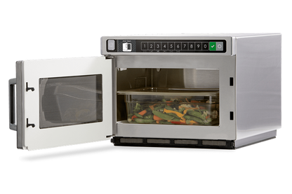 Menumaster DEC18E2 microwave oven with door open, food inside
