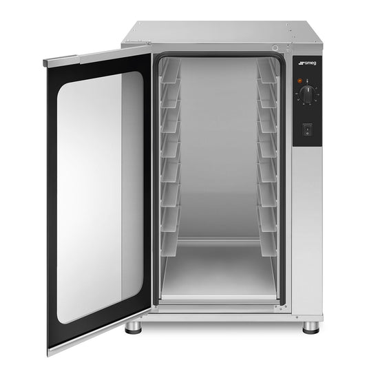 Smeg LEV43 proving cabinet, front view with door open showing tray guides and dial control