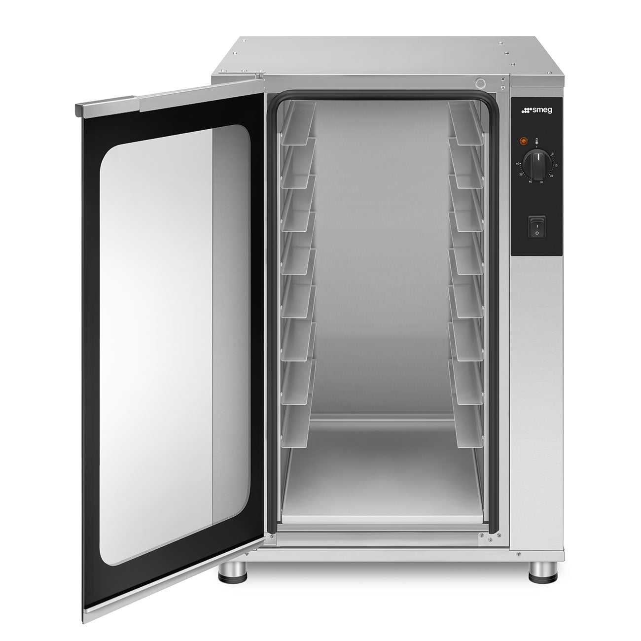 Smeg LEV43 proving cabinet, front view with door open showing tray guides and dial control
