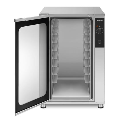 Smeg LEV43 proving cabinet, front view with door open showing tray guides and dial control