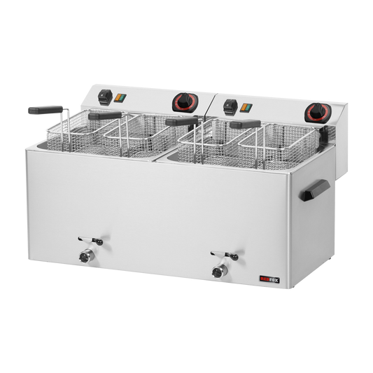 Electric double fryer 0.74 kW/l, 11+11 l tabletop with drain 400 V | REDFOX - FE 1010 TD