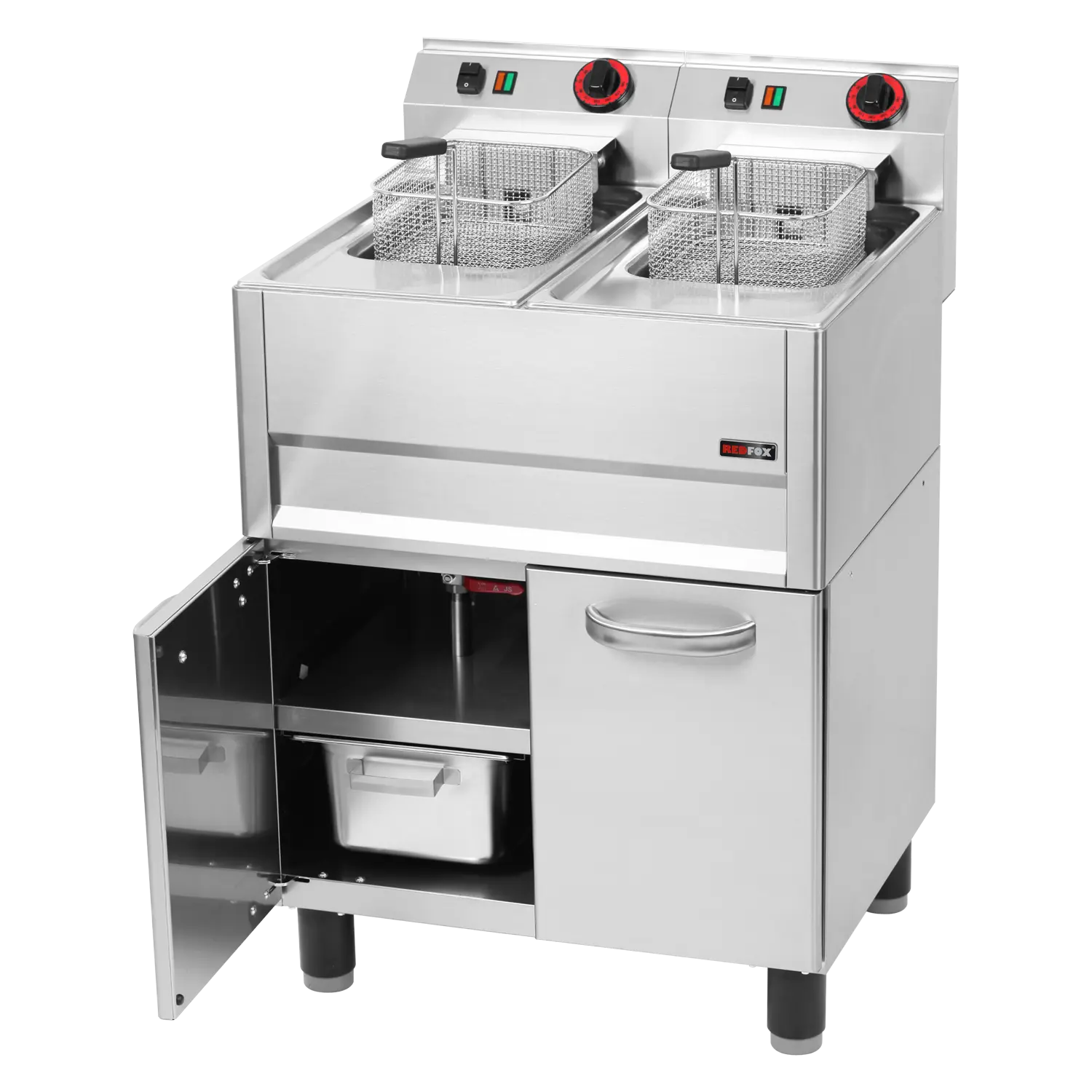 Electric fryer 2 baskets 0,75 kW/l, 8+8 l on cabinet 400 V | REDFOX - FE 61 ELT