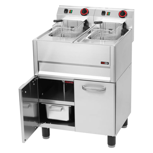 Electric fryer 2 baskets 0,75 kW/l, 8+8 l on cabinet 400 V | REDFOX - FE 61 ELT