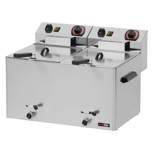 Electric fryer 2 baskets 0,75 kW/l, 8+8 l counter top drain tap 400 V | REDFOX - FE 77 VT