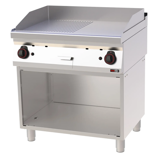 Fry-top griddle plate 80x51 gas chromed combined on open cabinet | REDFOX - FTHRC 70/80 G
