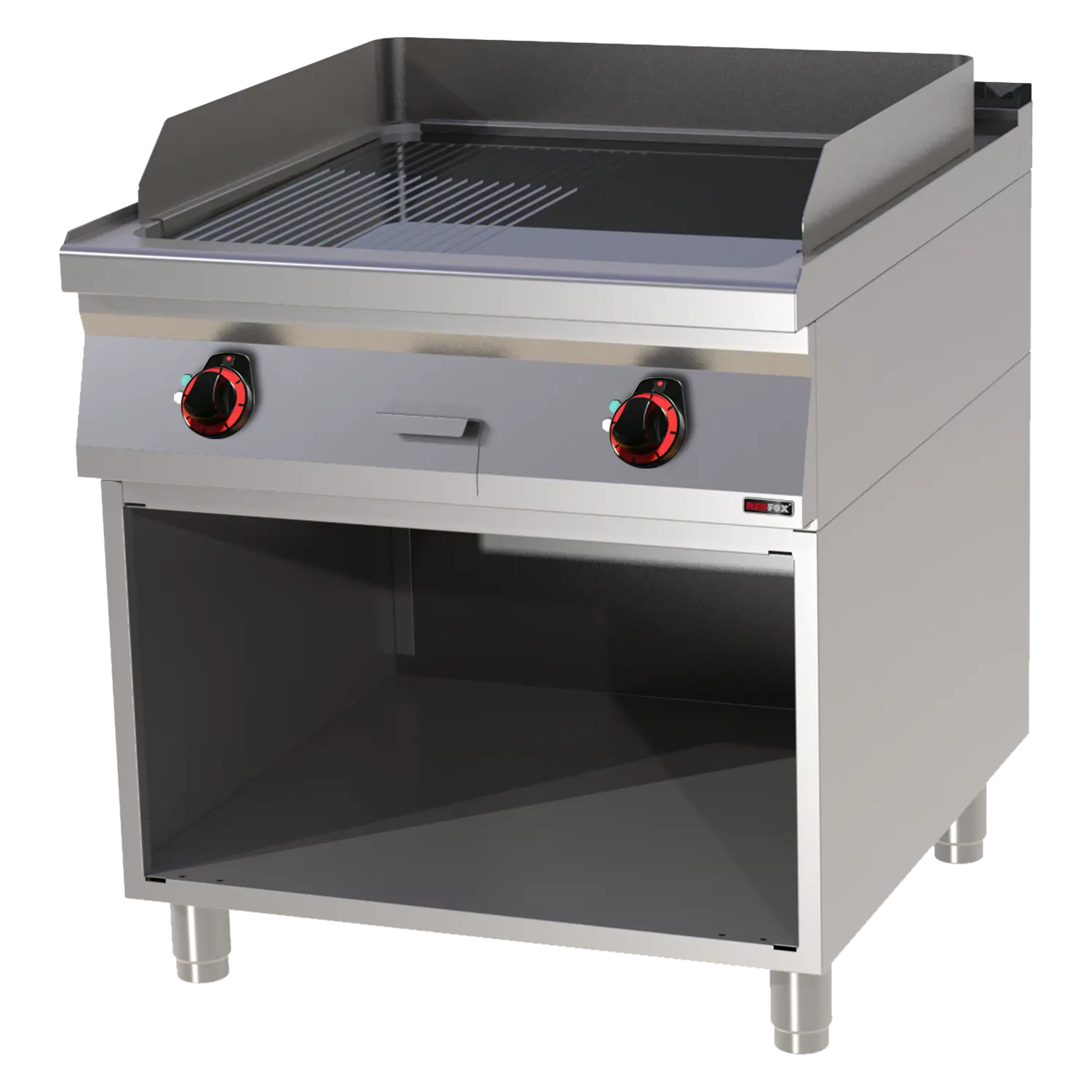 Fry-top griddle plate 71x65 electric chromed combined on open cabinet | REDFOX - FTHRC 90/80 E