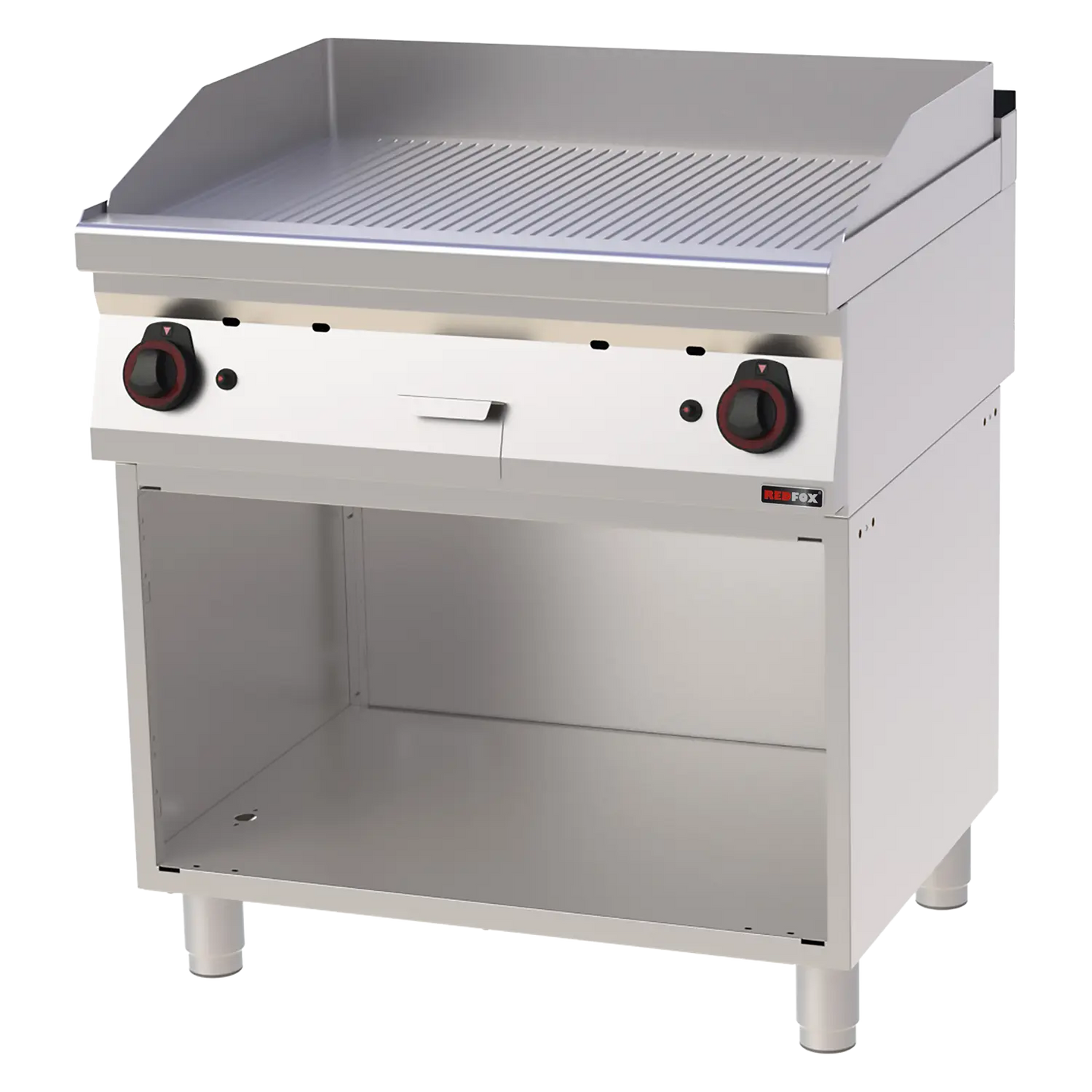 Fry-top griddle plate 80x51 gas grooved on open cabinet | REDFOX - FTR 70/80 G