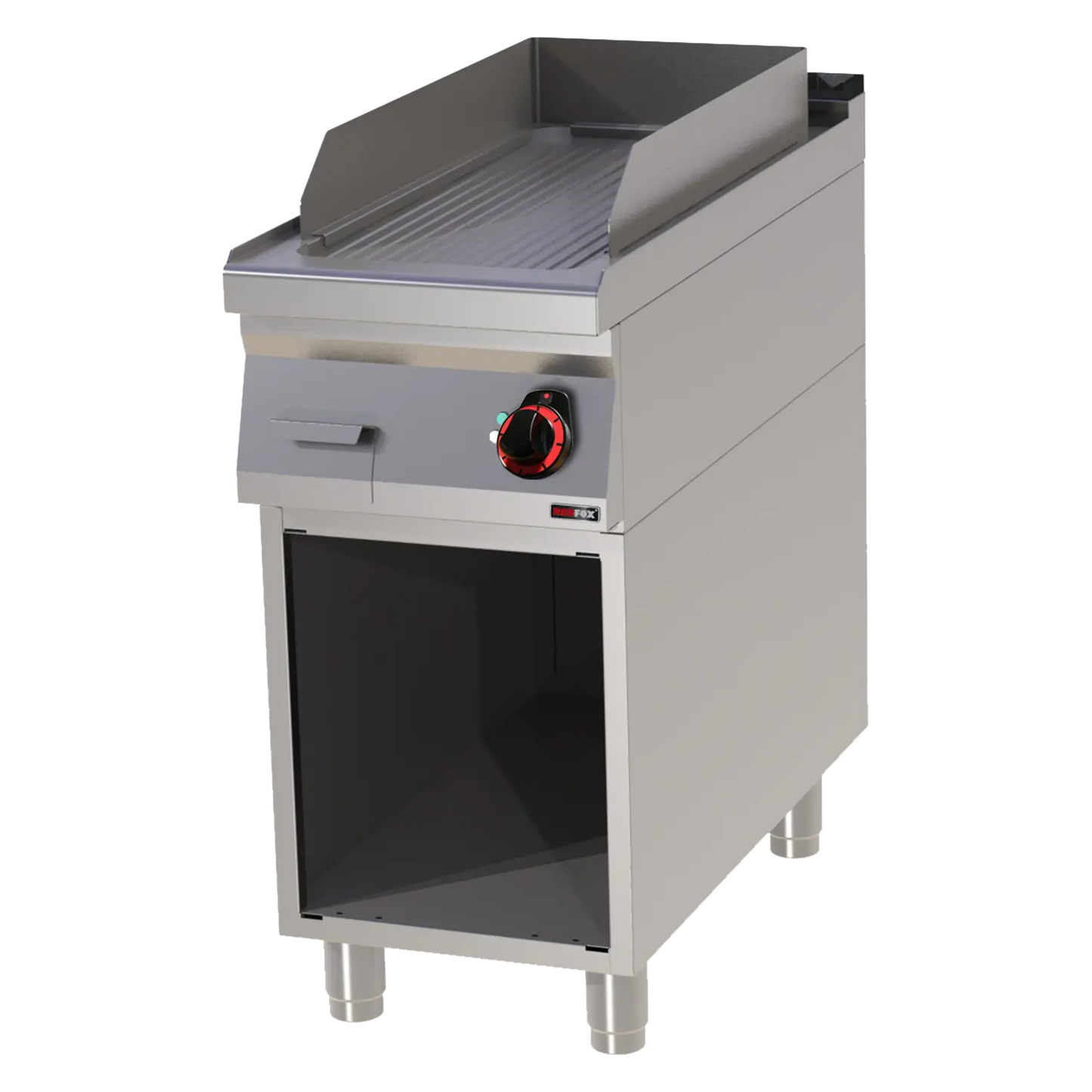 Fry-top griddle plate 31x65 electric grooved on open cabinet 400 V | REDFOX - FTR 90/40 E