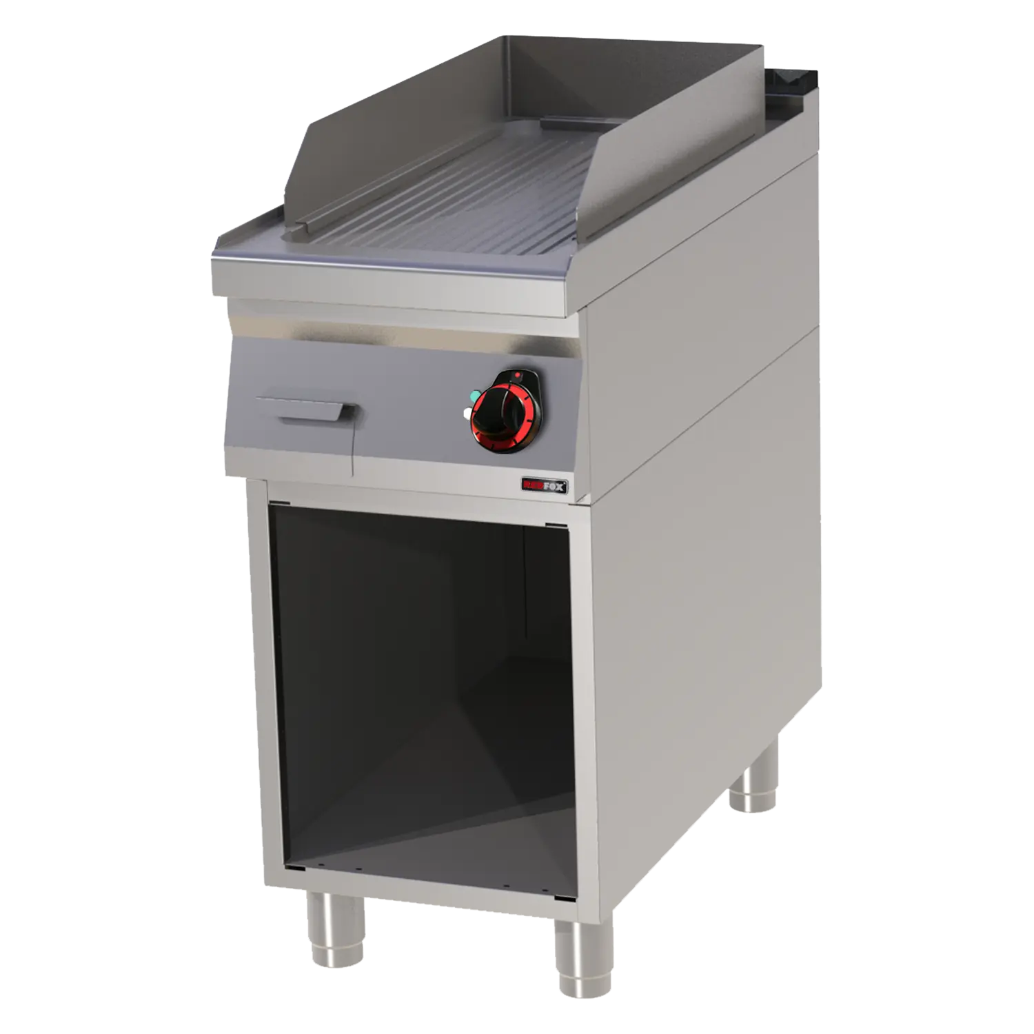 Fry-top griddle plate 31x65 electric grooved on open cabinet 400 V | REDFOX - FTR 90/40 E