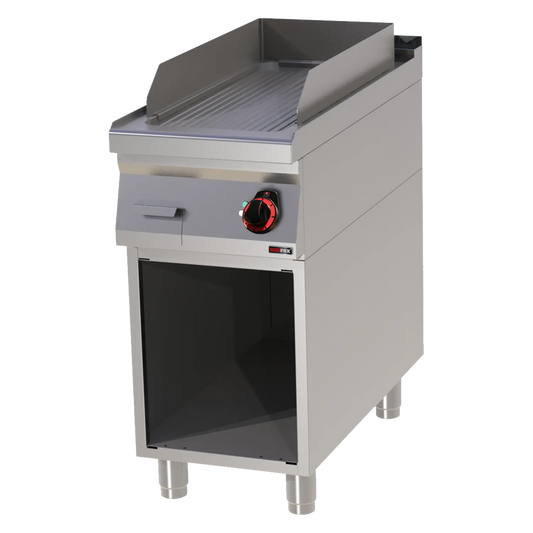 Fry-top griddle plate 31x65 electric grooved on open cabinet 400 V | REDFOX - FTR 90/40 E