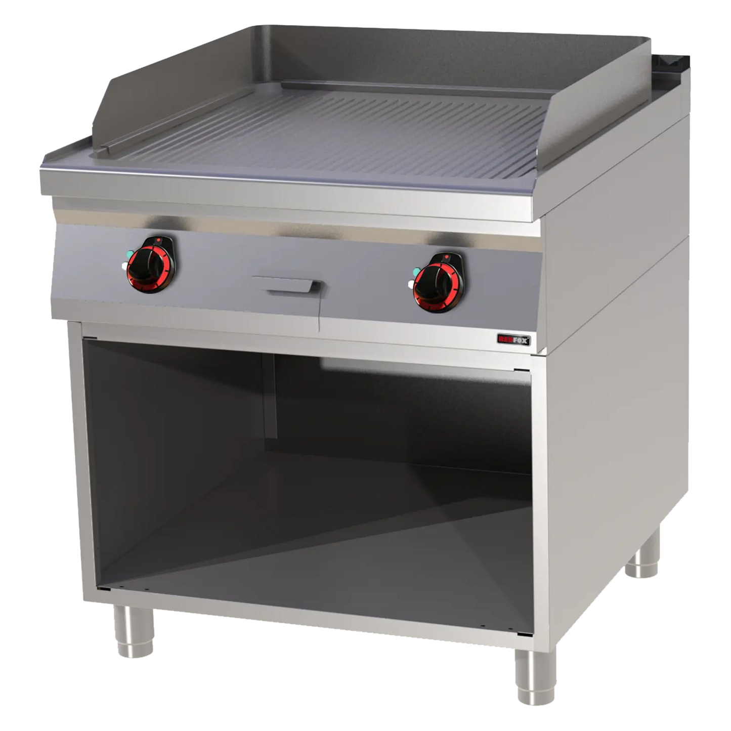 Fry-top griddle plate 71x65 electric grooved on open cabinet 400 V | REDFOX - FTR 90/80 E