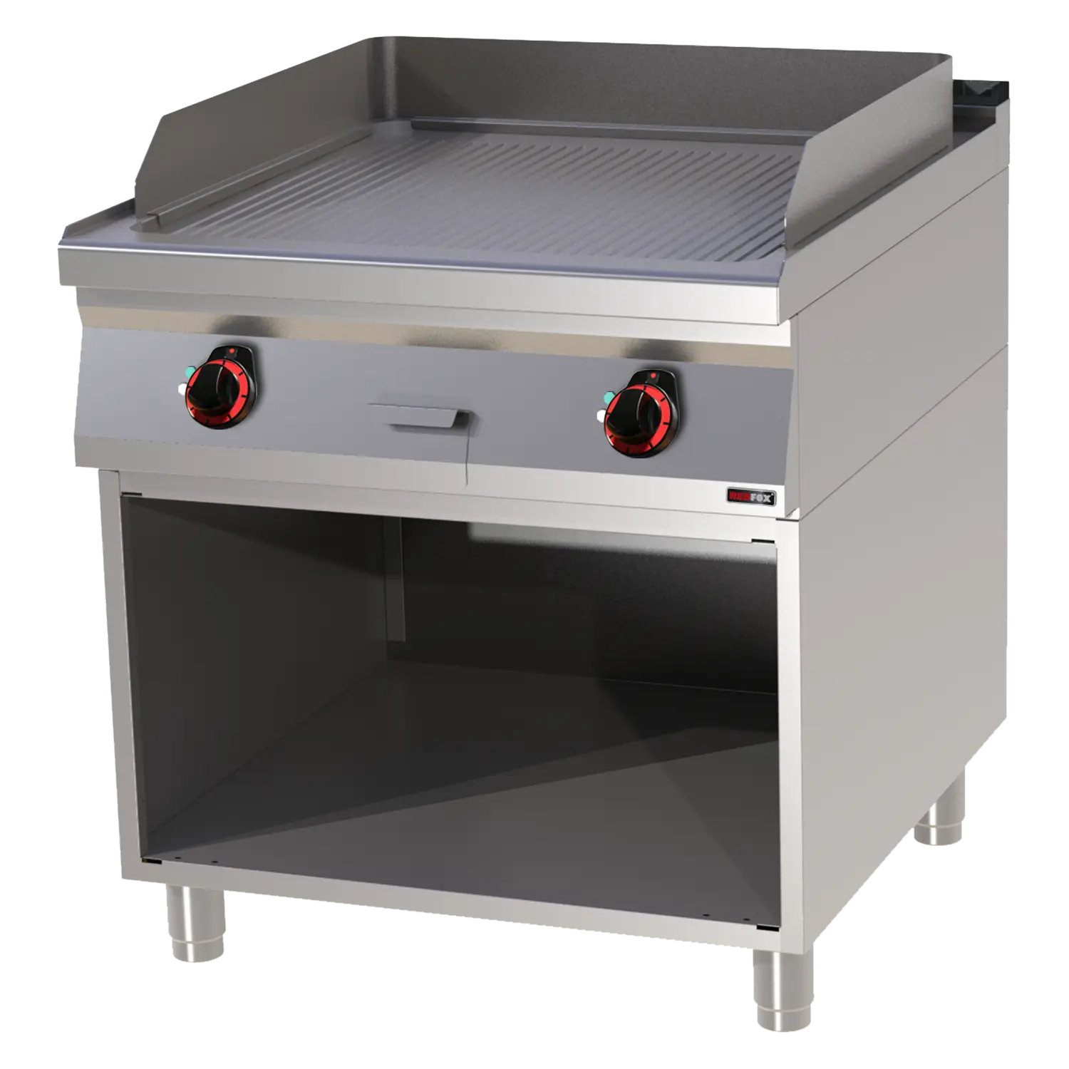 Fry-top griddle plate 71x65 electric grooved on open cabinet 400 V | REDFOX - FTR 90/80 E