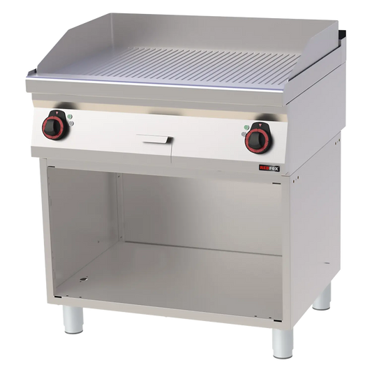 Fry-top griddle plate 80x51 electric chromed grooved on open cabinet 400 V | REDFOX - FTRC 70/80 E