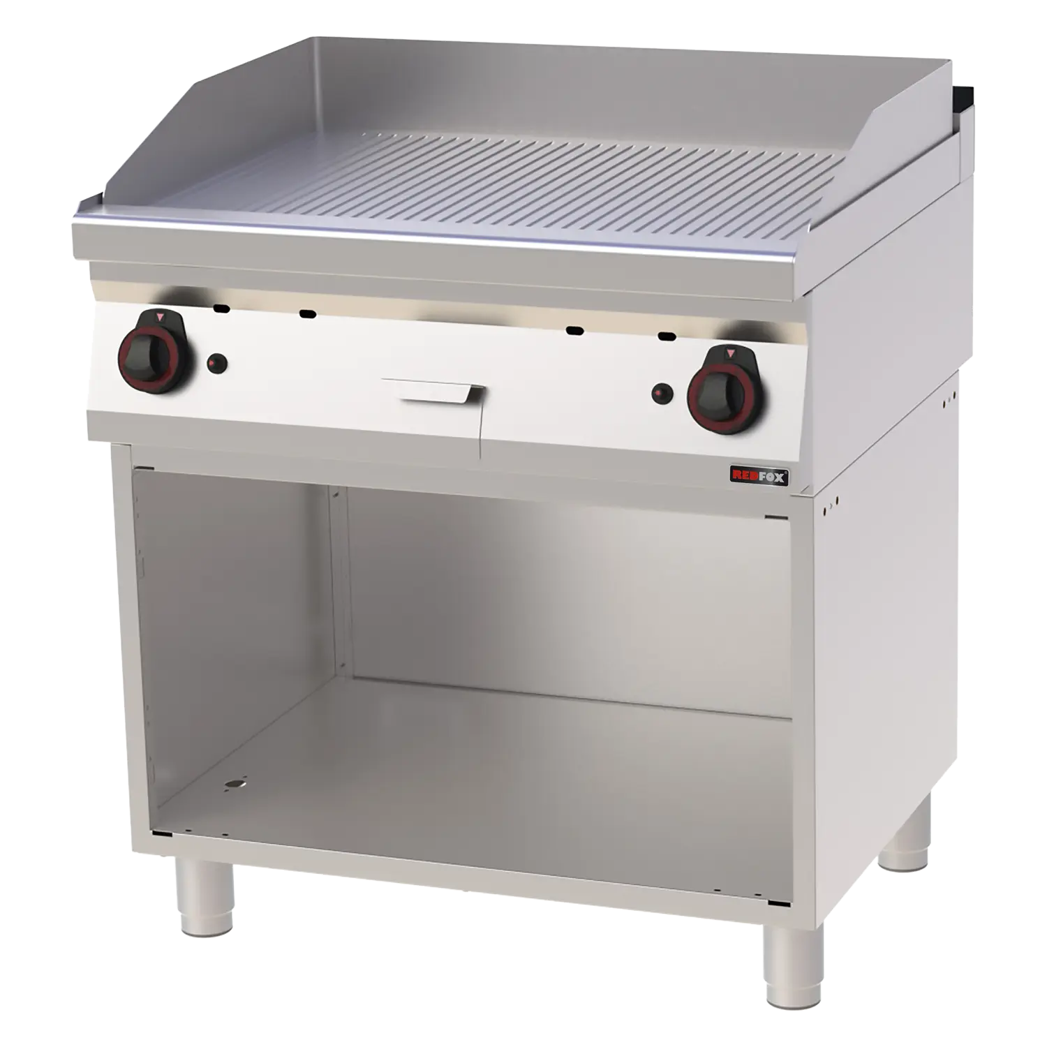 Fry-top griddle plate 80x51 gas chromed grooved on open cabinet | REDFOX - FTRC 70/80 G