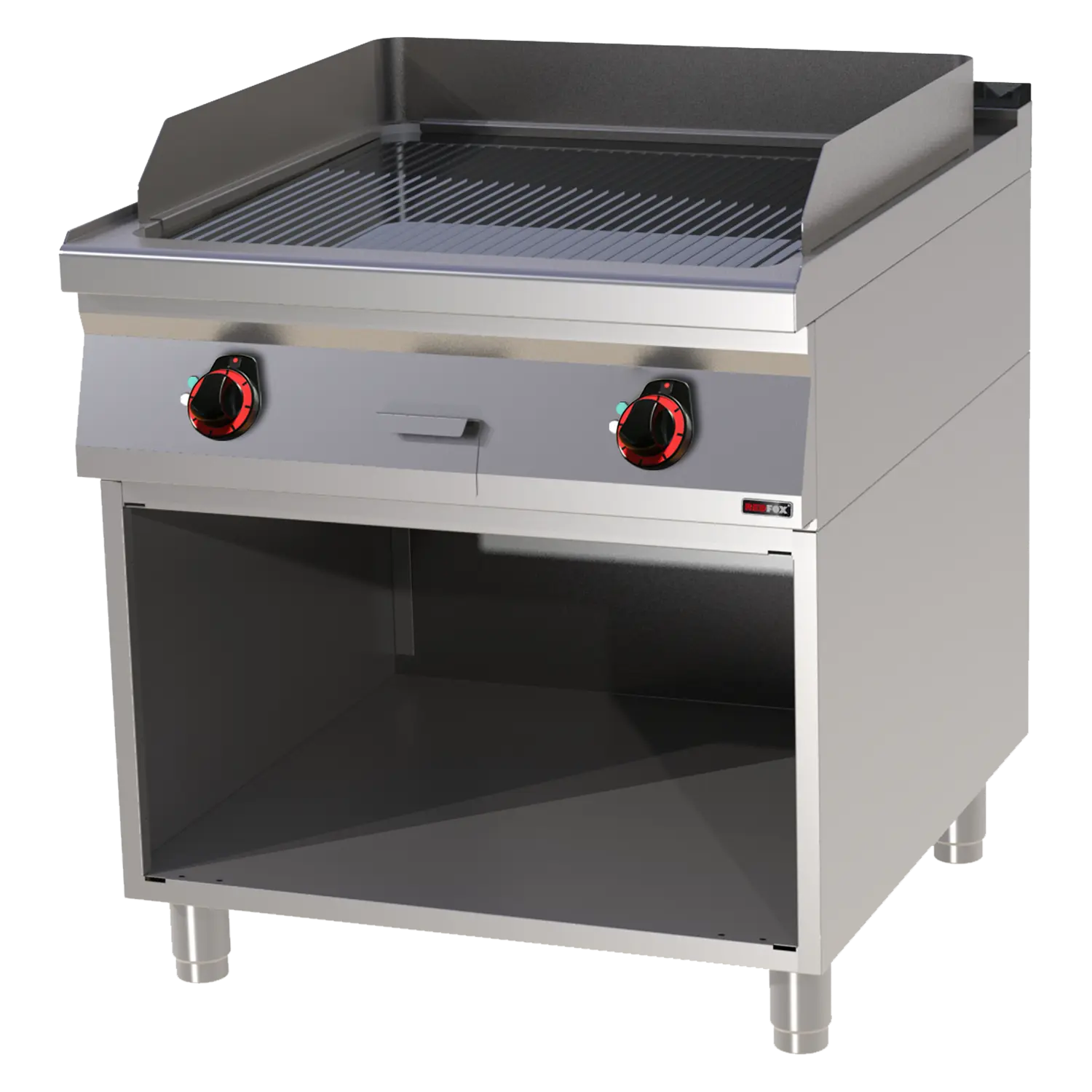 Fry-top griddle plate 71x65 electric chromed grooved on open cabinet 400 V | REDFOX - FTRC 90/80 E