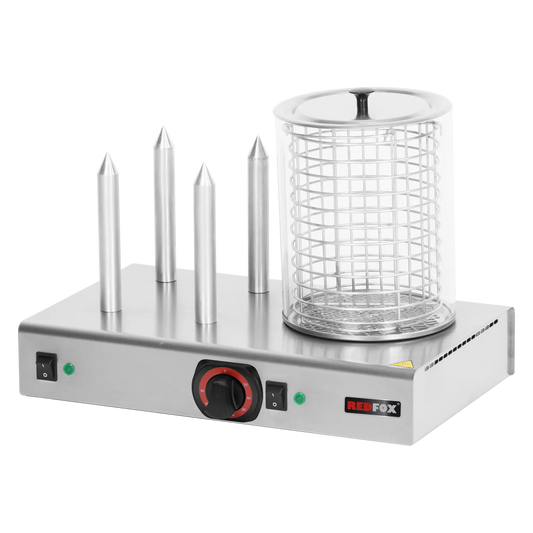 Hot dog machine warmer  4 spikey with basket and glass cylinder | REDFOX - HD 04 NK
