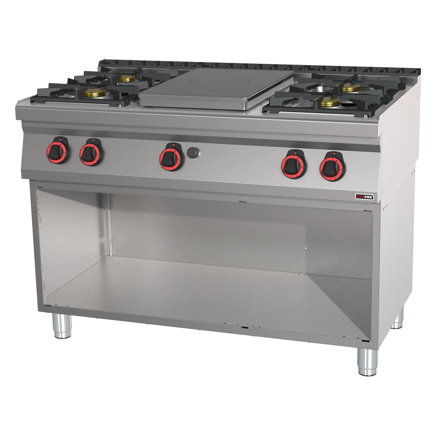 Cooking range solid top gas 5x burner on open cabinet | REDFOX - STP 70/120 G