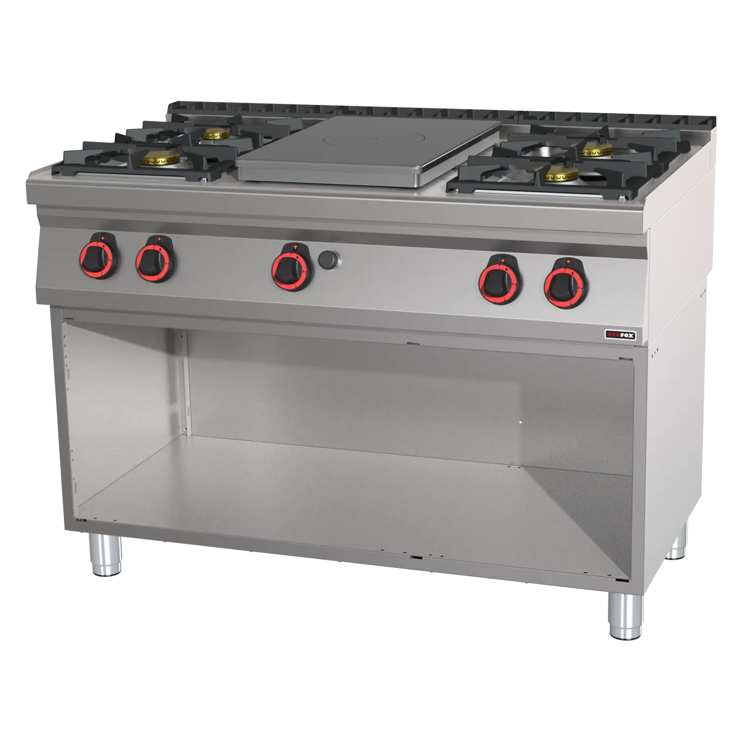 Cooking range solid top gas 5x burner on open cabinet | REDFOX - STP 70/120 G
