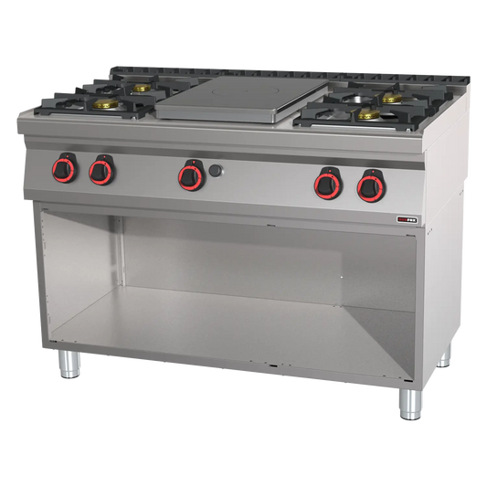 Cooking range solid top gas 5x burner on open cabinet | REDFOX - STP 70/120 G