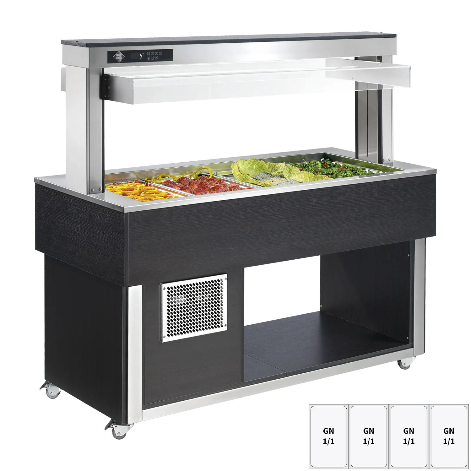 Food display island chilled GN 4-1/1 - 200 mm, Wenge, bottom plate, side walls, wheels, inox shelves | RM - TR GREEN+ 4W SCFXOC