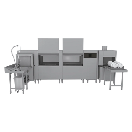 Rack conveyor dishwasher 300, cold water, right exit, corner pre-wash, corner dryer | RM - XT 300 R P U Y