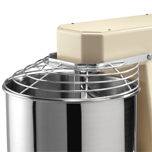 Sirman Hercules 20 spiral dough mixer, close-up of the bowl safety grille and hinge