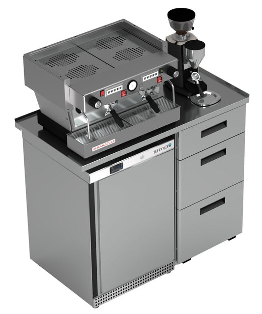 Vitrum coffee module PL/CM.C.1-12 with coffee machine, grinder and under-counter cooler installed